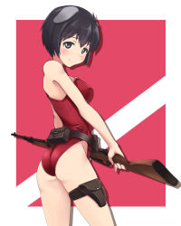 Rule 34 | 1girl, a9b (louis814), ammunition pouch, animal ears, ass, black eyes, black hair, blush, bolt action, breasts, carcano, covered erect nipples, dog ears, flat ass, frown, gun, highres, holding, holding gun, holding weapon, leotard, luciana mazzei, medium breasts, nontraditional playboy bunny, playboy bunny, pouch, rifle, short hair, solo, strike witches, strike witches: kurenai no majo-tachi, thigh strap, weapon, world witches series