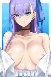 Rule 34 | 1girl, absurdres, alternate breast size, bare shoulders, blue background, blue choker, blue eyes, breasts, choker, collarbone, commentary, fate/grand order, fate (series), grin, highres, long hair, long sleeves, megao 3rd, meltryllis, meltryllis (fate), meltryllis (swimsuit lancer) (fate), meltryllis (swimsuit lancer) (second ascension) (fate), purple hair, smile, solo, upper body