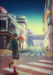 Rule 34 | 1girl, bag, brown eyes, brown hair, building, buttons, coat, crosswalk, flower, hands in pockets, highres, long sleeves, night, night sky, open clothes, open coat, original, outdoors, road, school bag, shiina maumi, shoes, short hair, sign, skirt, sky, sneakers, solo, storefront, street, unbuttoned, walking, winter clothes, winter coat