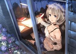 Rule 34 | 1girl, animal ears, bare shoulders, blue skirt, book, bookshelf, breasts, cleavage, cup, curly hair, grey eyes, grey hair, hand on window, hand up, light smile, looking at viewer, looking outside, medium breasts, mug, off shoulder, original, outdoors, paper, parsley-f, parted lips, plaid, plaid skirt, reflection, ribbed sweater, sitting, skirt, smile, solo, spaghetti strap, spread legs, sweater, writing