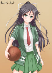 Rule 34 | &gt;:), 10s, 1girl, alternate eye color, anti (untea9), ball, basketball, basketball (object), black hair, blouse, casual, green eyes, green skirt, hair between eyes, highres, jacket, kantai collection, katsuragi (kancolle), long hair, looking at viewer, necktie, pleated skirt, ponytail, red necktie, school uniform, shirt, skirt, smile, solo, track jacket, v-shaped eyebrows, white shirt