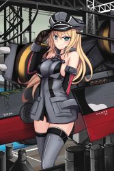 Rule 34 | 10s, 1girl, arm behind back, artist name, bare shoulders, bismarck (kancolle), blonde hair, blue eyes, breasts, gloves, hand on headwear, hat, kantai collection, long hair, looking at viewer, machinery, military, military hat, military uniform, no pants, peaked cap, sekigan, solo, standing, thighhighs, uniform