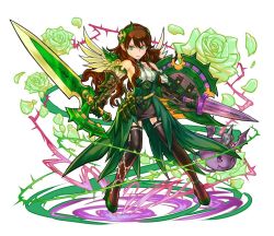 Rule 34 | 1girl, baddie (p&amp;d), bare shoulders, black thighhighs, braid, brown hair, brown thighhighs, dual wielding, flower, gauntlets, green eyes, green flower, green rose, green valkyrie (p&amp;d), hair ornament, hino shinnosuke, holding, long hair, md5 mismatch, multicolored clothes, multicolored legwear, official art, plant, puzzle &amp; dragons, resized, rose, shield, shinnosuke hino, single braid, skirt, solo, thighhighs, valkyrie (p&amp;d), vines, wings, wood valkyrie (p&amp;d)