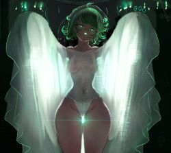Rule 34 | 1girl, absurdres, breasts, curvy, female focus, glowing, glowing eyes, gluteal fold, green eyes, green hair, hehevich, highres, looking at viewer, matching hair/eyes, navel, one-punch man, see-through, short hair, small breasts, solo, tatsumaki, thick thighs, thigh gap, thighs, wide hips