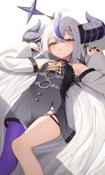 Rule 34 | 1girl, ahoge, black dress, black nails, detached sleeves, dress, grey hair, highres, hololive, horns, la+ darknesss, la+ darknesss (1st costume), long hair, long sleeves, lying, multicolored hair, on back, parted lips, pointy ears, purple hair, single leg pantyhose, solo, streaked hair, tail, thomas 8000, very long hair, virtual youtuber, yellow eyes