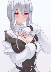 Rule 34 | 1girl, absurdres, belt, black cardigan, blush, breast hold, breasts, brown belt, cardigan, collared shirt, gloves, grey hair, hair between eyes, hair ornament, hakase fuyuki, hakase fuyuki (1st costume), highres, hlsn dglaq3g, jacket, large breasts, long sleeves, looking down, low twintails, medium hair, neck ribbon, nijisanji, open clothes, open shirt, partially unbuttoned, pink ribbon, red eyes, ribbon, shirt, simple background, solo, sweat, twintails, virtual youtuber, white background, white gloves, white jacket, white shirt