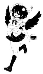 Rule 34 | 1girl, :d, bird wings, collared shirt, feathered wings, full body, greyscale, hand up, hat, high contrast, highres, holding, holding notebook, holding pen, kneehighs, leg up, looking at viewer, maguro (mawaru sushi), miniskirt, monochrome, neck ribbon, notebook, open mouth, pen, pleated skirt, pom pom (clothes), ribbon, running, shameimaru aya, shirt, shoes, short hair, short sleeves, simple background, skirt, smile, socks, solo, standing, tokin hat, touhou, wings