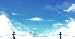 Rule 34 | 1girl, aqua hair, bicycle, black shirt, character name, cloud, cloudy sky, contrail, day, from side, hatsune miku, highres, hood, hoodie, kite, long hair, long sleeves, md5 mismatch, outdoors, profile, qys3, riding, shirt, shorts, sky, solo, twintails, utility pole, vocaloid