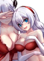 Rule 34 | 2girls, ahoge, bare shoulders, blue eyes, breasts, cecilia schariac, cleavage, closed mouth, commentary, covering own eyes, elbow gloves, english commentary, gloves, hair between eyes, hair ornament, hand up, head on another&#039;s shoulder, headband, highres, honkai (series), honkai impact 3rd, kiana kaslana, large breasts, long hair, medium breasts, mother and daughter, multiple girls, open mouth, red headband, shadow, simple background, slash-ex, smile, white background, white gloves, white hair