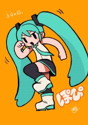 Rule 34 | 1girl, 39, absurdres, aqua hair, bare shoulders, black skirt, blue hair, blue necktie, blush, boots, chibi, clenched hands, collared shirt, dancing, hair between eyes, hair ornament, halftone, hatsune miku, highres, leaf st, long hair, looking at viewer, necktie, open mouth, orange background, poppippoo (vocaloid), shirt, signature, skirt, sleeveless, smile, solo, standing, standing on one leg, thick outlines, thighhighs, translation request, twintails, v-shaped eyebrows, very long hair, vocaloid, white footwear, white shirt