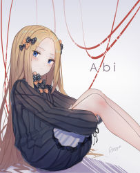 Rule 34 | 1girl, abigail williams (fate), ano54, black bow, black dress, blonde hair, bloomers, blue eyes, blush, bow, bug, butterfly, character name, closed mouth, commentary, dress, fate/grand order, fate (series), feet out of frame, forehead, grey background, hair bow, has bad revision, has cropped revision, head tilt, highres, hugging own legs, insect, long hair, long sleeves, looking at viewer, looking to the side, md5 mismatch, no headwear, orange bow, parted bangs, polka dot, polka dot bow, resolution mismatch, signature, sitting, sleeves past fingers, sleeves past wrists, solo, source smaller, string, string of fate, underwear, very long hair, white bloomers