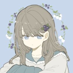 Rule 34 | 1girl, artist name, blue background, blue eyes, blueberry, blueberry hair ornament, brown hair, close-up, closed mouth, commentary request, expressionless, floral background, flower, flower (symbol), food, food-themed hair ornament, frilled shirt collar, frills, fruit, grey shirt, hair behind ear, hair ornament, long hair, necono naco, no nose, original, portrait, shirt, signature, solo, white flower