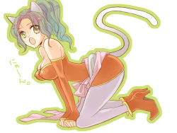 Rule 34 | 1990s (style), 1girl, animal ears, boots, breasts, cat ears, cat girl, covered erect nipples, female focus, final fantasy, final fantasy vi, full body, green hair, high heel boots, high heels, long hair, nojuu, retro artstyle, simple background, solo, tail, tina branford, white background