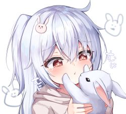Rule 34 | 1girl, absurdres, ahoge, animal, blush, brown eyes, brown hoodie, closed mouth, commentary request, hair between eyes, hair ornament, hands up, highres, holding, holding animal, hood, hood down, hoodie, long hair, long sleeves, mannack, original, ponytail, rabbit, rabbit-shaped pupils, rabbit hair ornament, rabbit symbol, silver hair, simple background, sleeves past wrists, solo, symbol-shaped pupils, upper body, white background