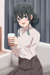Rule 34 | 1girl, :d, black hair, blue eyes, blush, brown skirt, couch, cup, curtains, dars (recolors), drink, drinking glass, hair bun, highres, holding, holding cup, holding drink, ice, ice cube, iced tea, indoors, long hair, long sleeves, looking at viewer, open mouth, shirt, sidelocks, single hair bun, sitting, skirt, smile, solo, turtleneck, white shirt, yahari ore no seishun lovecome wa machigatteiru., yukinoshita yukino