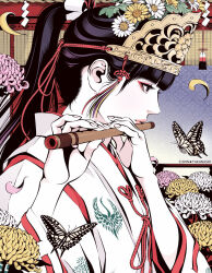 1girl artist_name black_hair bug butterfly chrysanthemum flower flute hair_flower hair_ornament high_ponytail holding holding_flute holding_instrument insect instrument japanese_clothes kimono long_hair looking_to_the_side original playing_flute profile solo takanashi_shin white_kimono