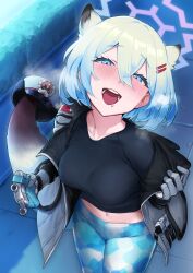 Rule 34 | 1girl, absurdres, animal ears, blue archive, blue eyes, blue hair, blush, breasts, breath, coat, drooling, drunk, flask, gradient hair, green hair, halo, heavy breathing, highres, hip flask, holding, holding flask, looking at viewer, makarony, medium breasts, multicolored hair, off shoulder, shigure (blue archive), smile, solo, tail, undressing, unworn headwear, weasel ears, weasel girl, weasel tail