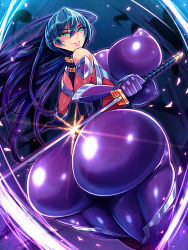 Rule 34 | 1girl, absurdres, ass, bare shoulders, blue hair, breasts, covered erect nipples, gloves, green eyes, hair between eyes, highres, huge ass, huge breasts, igawa asagi, impossible clothes, katana, long hair, looking at viewer, looking back, parted lips, puffy areolae, purple gloves, skin tight, smile, solo, sword, taimanin (series), taimanin asagi, tokyokyoto, weapon
