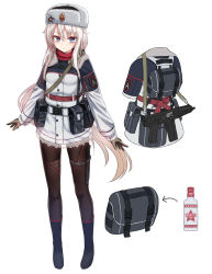 Rule 34 | 1girl, 9a-91, 9a-91 (girls&#039; frontline), alcohol, alternate costume, assault rifle, backpack, bag, belt, belt buckle, black panties, black pantyhose, blue eyes, blush, boots, brown gloves, buckle, coat, full body, girls&#039; frontline, gloves, gun, hair between eyes, highres, knife, long hair, long sleeves, low twintails, panties, pantyhose, rifle, star (symbol), thigh strap, twintails, underwear, vodka, weapon, white background, white coat, white hair, yakob labo