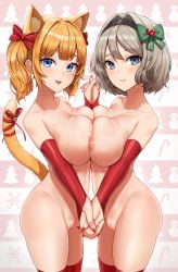 Rule 34 | 2girls, absurdres, animal ears, bell, black hairband, blonde hair, blue eyes, blush, bow, breast press, breasts, cat ears, cat girl, cat tail, christmas, collarbone, green bow, grey hair, hair between eyes, hair bow, hair intakes, hairband, highres, holding hands, interlocked fingers, jingle bell, large breasts, looking at viewer, matmaj, medium hair, mole, mole under eye, multiple girls, nail polish, nipples, open mouth, original, parted lips, pussy, red bow, red nails, red ribbon, ribbon, short hair, smile, symmetrical docking, tail, tail ornament, tail ribbon, twintails