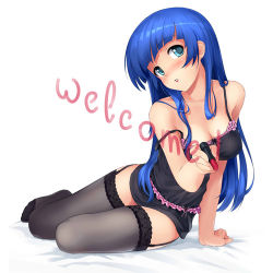 Rule 34 | 1girl, aqua eyes, atomix, blue hair, garter straps, lipstick, long hair, lowres, makeup, original, solo, strap slip, thighhighs, writing, drawing on fourth wall