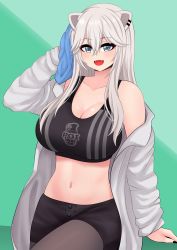 Rule 34 | 1girl, absurdres, animal ears, bare shoulders, blue eyes, breasts, cleavage, collarbone, fangs, highres, hololive, jacket, large breasts, lion ears, lion girl, long hair, looking at viewer, midriff, navel, open mouth, shishiro botan, smile, solo, sports bra, stomach, sweat, the only shoe, towel, virtual youtuber, white hair