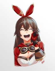 Rule 34 | 1girl, absurdres, amber (genshin impact), artist name, breasts, brown hair, cleavage, commentary, english commentary, closed eyes, fransuushi, game, genshin impact, gloves, goggles, hair ribbon, highres, large breasts, long hair, ribbon, smile, solo, tears