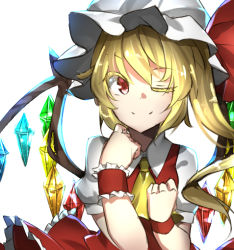 Rule 34 | 1girl, ascot, asymmetrical wings, blonde hair, colored eyelashes, dress, flandre scarlet, one eye closed, peach camellia, puffy short sleeves, puffy sleeves, red dress, red eyes, ribbon, shirt, short hair, short sleeves, side ponytail, simple background, smile, solo, touhou, white shirt, wings, wrist cuffs