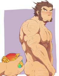 Rule 34 | 2boys, arm hair, ball, bara, blush, brown hair, character request, chest hair, completely nude, covering privates, covering crotch, facial hair, feet out of frame, forked eyebrows, from side, giving, goatee, highres, kagemaru (kagemaru321), long sideburns, male focus, mature male, multiple boys, muscular, muscular male, nipples, nude, pectorals, pov, sangokushi puzzle taisen, short hair, sideburns, solo focus, yaoi
