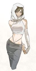 Rule 34 | 1girl, arm behind back, bare shoulders, belly, black skirt, breasts, brown hair, crop top, detached sleeves, grey eyes, grey nails, head scarf, highres, kimura 731, light blush, looking ahead, medium breasts, medium hair, midriff, nail polish, navel, original, own hands together, parted lips, short bangs, simple background, skirt, solo, standing, thigh strap, thighs, white background, white headwear
