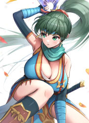 Rule 34 | 1girl, armpits, bare shoulders, breasts, cleavage, detached sleeves, earrings, fighting stance, fire emblem, fire emblem: the blazing blade, fire emblem heroes, gonzarez, green eyes, headband, high ponytail, highres, japanese clothes, jewelry, kneeling, large breasts, leaf, long hair, looking to the side, lyn (fire emblem), ninja, nintendo, official alternate costume, on one knee, ponytail, sandals, shuriken, sword, very long hair, weapon