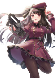 Rule 34 | 1girl, :d, arm up, armband, black bow, black footwear, black hair, boots, bow, breasts, brown dress, brown hat, brown pantyhose, dress, frilled dress, frills, gohei (aoi yuugure), grey hair, gun, hat, headset, highres, holding, holding gun, holding weapon, long hair, long sleeves, medium breasts, multicolored hair, nijisanji, open mouth, pantyhose, peaked cap, red eyes, red hair, simple background, sleeves past wrists, smile, solo, split-color hair, standing, standing on one leg, streaked hair, striped, striped bow, two-tone hair, two side up, very long hair, virtual youtuber, weapon, weapon request, white background, yorumi rena, yorumi rena (2nd costume)