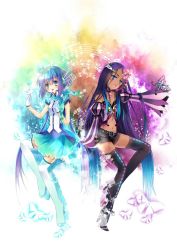 Rule 34 | 2girls, aoki lapis, boots, bug, butterfly, insect, jiji (381134808), long hair, merli (vocaloid), multiple girls, music, rainbow background, siblings, singing, sisters, thigh boots, thighhighs, very long hair, vocaloid