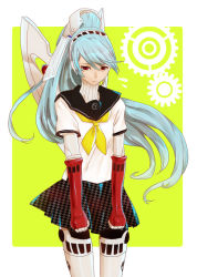 Rule 34 | 1girl, android, aqua hair, atlus, axe, female focus, joints, labrys (persona), long hair, miyami, persona, persona 4: the ultimate in mayonaka arena, pleated skirt, ponytail, red eyes, robot joints, school uniform, skirt, solo, uniform, very long hair, weapon, white background