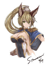 Rule 34 | &gt;:), 10s, 1girl, animal ears, artist name, blonde hair, blue cape, breasts, brown gloves, cape, cleavage, closed mouth, clothing cutout, covered navel, dated, elbow gloves, epaulettes, eyebrows, fox ears, gloves, granblue fantasy, green eyes, headgear, highres, hms vanguard (zhan jian shao nyu), large breasts, long hair, looking at viewer, ponytail, portrait, side cutout, simple background, smirk, solo, stmast, strapless, tube top, upper body, v-shaped eyebrows, vanguard (warship girls r), warship girls r, white background