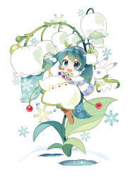 Rule 34 | 1girl, :d, ahoge, aqua eyes, aqua hair, blush, blush stickers, boots, rabbit, capelet, chibi, flower, hair flower, hair ornament, hatsune miku, headset, lily of the valley, long hair, mao yu, open mouth, smile, snowflake print, snowflakes, solo, twintails, very long hair, vocaloid, yuki miku, yukine (vocaloid)