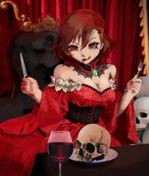 Rule 34 | absurdres, akujiki musume conchita (vocaloid), banica conchita, bare shoulders, black choker, black corset, breasts, brooch, brown eyes, brown hair, choker, cleavage, colored sclera, corset, cup, dress, drinking glass, empty eyes, evil eyes, evil smile, evillious nendaiki, flower, fork, gem, glass of conchita, green gemstone, grey sclera, hair flower, hair ornament, highres, holding, holding fork, holding knife, implied cannibalism, jewelry, knife, lace, lace choker, large breasts, licking lips, looking at viewer, medium hair, meiko (vocaloid), off-shoulder dress, off shoulder, punkish, red choker, red curtains, red dress, red flower, red lips, red rose, rose, sitting on throne, skull hair ornament, smile, throne, tongue, tongue out, vessel of sin, wavy hair, wide sleeves, wine glass