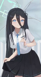 Rule 34 | 1girl, absurdres, aris (blue archive), black hair, blue archive, blue eyes, blush, collared shirt, commentary, cowboy shot, halo, highres, holding, holding umbrella, kumare yuki, long bangs, long hair, looking at viewer, necktie, one side up, pleated skirt, shirt, short sleeves, skirt, skirt hold, smile, solo, tie clip, umbrella, very long hair