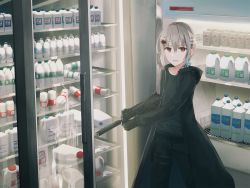 Rule 34 | 1girl, :d, bandaged head, bandages, black coat, black gloves, black pants, black shirt, blood, bloody bandages, blue ribbon, bottle, chihuri, coat, commentary request, gloves, gun, h&amp;k mp7, hair between eyes, holding, holding gun, holding weapon, indoors, long sleeves, looking at viewer, machine pistol, milk, milk bottle, open mouth, original, pants, personal defense weapon, red eyes, ribbon, shirt, short hair, silver hair, smile, solo, spill, standing, submachine gun, suppressor, weapon, zhou sky amane sora (chihuri)