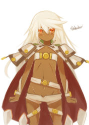 Rule 34 | 1girl, akahuzi, alternate breast size, artist name, bad id, bad pixiv id, blush, closed mouth, collarbone, dark skin, dark-skinned female, eyebrows, flat chest, guilty gear, highres, looking at viewer, navel, ramlethal valentine, red eyes, solo, twitter username, white hair