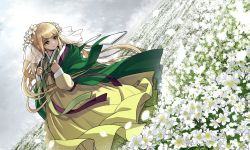 Rule 34 | 1girl, blonde hair, closed mouth, field, flower, flower field, green eyes, hair flower, hair ornament, hanbok, highres, jacket, jacket on shoulders, korean clothes, long sleeves, original, outdoors, petals, sky, solo, white flower, yong-gok