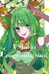 Rule 34 | 1girl, animal ear fluff, animal ears, antler ornament, antlers, blush, breasts, commentary, deer ears, dradra tw, dress, elbow gloves, english commentary, english text, eyes visible through hair, flower, gloves, green dress, green eyes, green hair, hair flower, hair ornament, haruka karibu, highres, horns, large breasts, long hair, looking at viewer, open mouth, reindeer antlers, reindeer girl, virtual youtuber, vshojo, white gloves