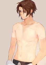 Rule 34 | 1boy, belt, blue eyes, brown hair, earrings, expressionless, final fantasy, final fantasy viii, highres, holding, holding clothes, holding shirt, jewelry, male focus, nini tw99, pants, scar, scar on face, scar on forehead, shirt, short hair, simple background, solo, squall leonhart, stud earrings, tan, tanline, topless male, undressing