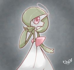 Rule 34 | 1girl, artist name, bob cut, closed mouth, colored skin, creatures (company), female focus, flat chest, game freak, gardevoir, gen 3 pokemon, green hair, green skin, grey background, hair over one eye, halo, hand up, ingo (rizumu), looking at viewer, multicolored skin, nintendo, one eye covered, outline, pokemon, pokemon (creature), red eyes, short hair, signature, simple background, solo, standing, two-tone skin, white outline, white skin