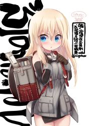Rule 34 | 1girl, aged down, backpack, bag, bare shoulders, bismarck (kancolle), blonde hair, blue eyes, blush, brown gloves, character name, children&#039;s day, cowboy shot, detached sleeves, gloves, hair between eyes, kantai collection, long hair, long sleeves, military, military uniform, n:go, no headwear, one-hour drawing challenge, parted lips, randoseru, simple background, solo, twitter username, uniform, white background