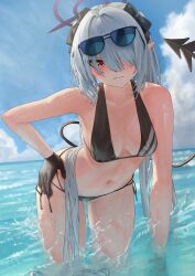 Rule 34 | 1girl, absurdres, bikini, black bikini, black gloves, black ribbon, blue archive, blush, breasts, cleavage, closed mouth, cloud, commentary, day, eyewear on head, gloves, hair between eyes, hair over one eye, hair ribbon, halo, hand on own hip, highres, iori (blue archive), iori (swimsuit) (blue archive), koseikogani, leaning forward, long hair, looking at viewer, medium breasts, multi-strapped bikini bottom, pointy ears, red eyes, ribbon, side-tie bikini bottom, sky, solo, sunglasses, swimsuit, thighs, twintails, very long hair, wading, water, wet