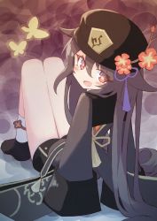 Rule 34 | 1girl, :d, absurdres, black footwear, black hat, black jacket, black shorts, blush, brown hair, commentary request, flower, flower-shaped pupils, from behind, genshin impact, hair between eyes, hat, hat flower, highres, hu tao (genshin impact), ichi (ichi.colors), jacket, knees up, long sleeves, looking at viewer, looking back, open mouth, red eyes, red flower, shoes, short shorts, shorts, sitting, sleeves past fingers, sleeves past wrists, smile, socks, solo, symbol-shaped pupils, white socks