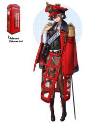 Rule 34 | 1girl, absurdres, black footwear, black hair, boots, brown pants, coat, cross-laced footwear, full body, hand up, highres, lace-up boots, long sleeves, looking at viewer, original, pants, personification, phone booth, red coat, red eyes, rinotuna, short hair, smile, solo, standing