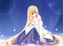 Rule 34 | 00s, 1girl, archetype earth, arcueid brunestud, bare shoulders, blonde hair, breasts, cleavage, collarbone, detached sleeves, dress, formal, kurot, long hair, long sleeves, looking to the side, medium breasts, red eyes, sitting, smile, solo, strapless, strapless dress, tsukihime