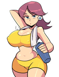 Rule 34 | 1girl, bare arms, bare shoulders, blue eyes, breasts, brown hair, cleavage, closed mouth, covered erect nipples, cowboy shot, crop top, earrings, flower earrings, highres, jewelry, large breasts, looking at viewer, mario (series), medium hair, midriff, narrow waist, navel, nekiaya0, nintendo, parted bangs, princess daisy, shiny skin, shorts, simple background, solo, sportswear, sweat, white background